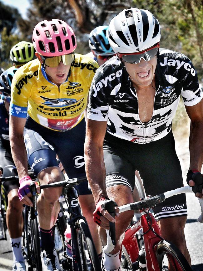 Herald Sun Tour, Stage 4, Cape Schanck to Arthurs Seat. Richie Porte is followed closely by Michael Woods up the climb. Picture: Michael Klein