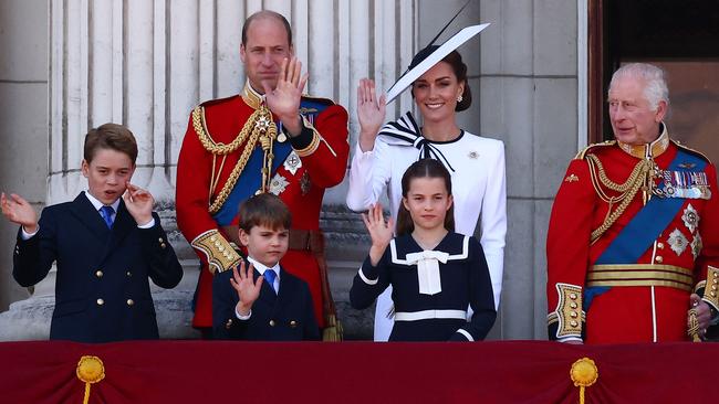 Princess Catherine with William, George, Louis and Chalotte and King Charles III on the balcony of Buckingham Palace. Picture: Getty Images.