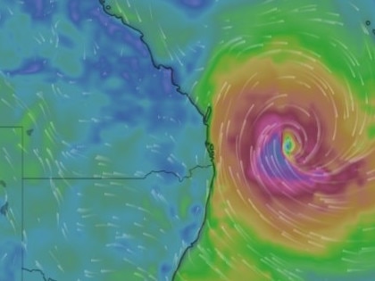 The Bureau of Meteorology has forecasted destructive wind gusts of up to 155kmh may develop across coastal and island locations near and to the south of Alfred’s track. Picture: Supplied / Windy.com