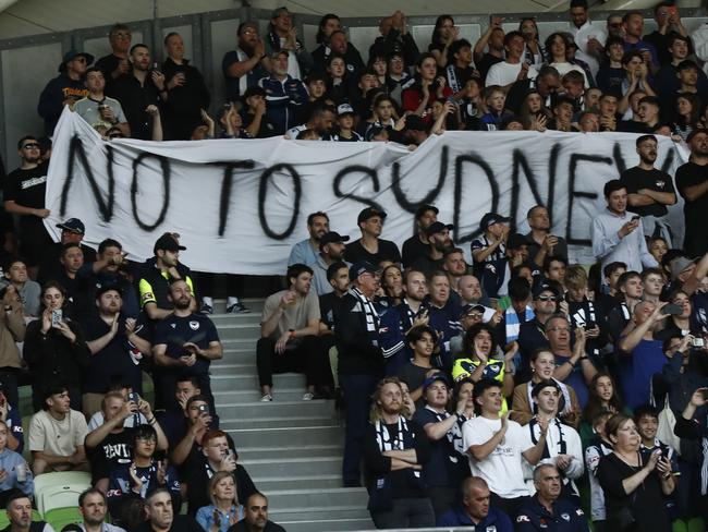 MELBOURNE, AUSTRALIA - DECEMBER 17: Fans show their disappointment with the APL before the round eight A-League Men's match between Melbourne City and Melbourne Victory at AAMI Park, on December 17, 2022, in Melbourne, Australia. (Photo by Darrian Traynor/Getty Images)