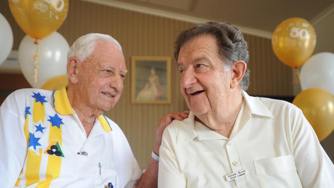Arthur Black (right) and Terry McGuire were awarded life membership of the South Lismore Bowls Club after having bowled for the club for 50 years. Photo Marc Stapelberg/The Northern Star