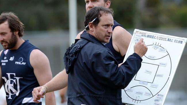 Trevor Mitton coaching Noarlunga in 2015. The premiership mentor has taken the job at battling Aldinga. Picture: Naomi Jellicoe