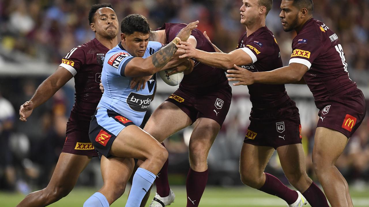 Latrell Mitchell was a menace for the Maroons’ defence. Picture: Getty Images