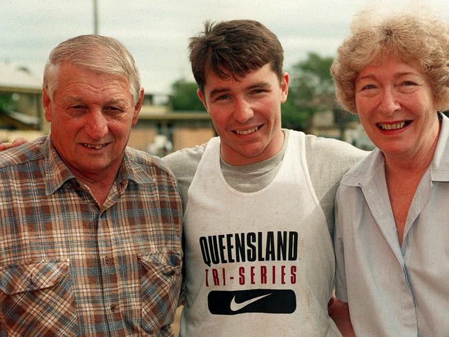 Green with his parents after being picked for the Queensland Origin side in the 1997 Super League season.