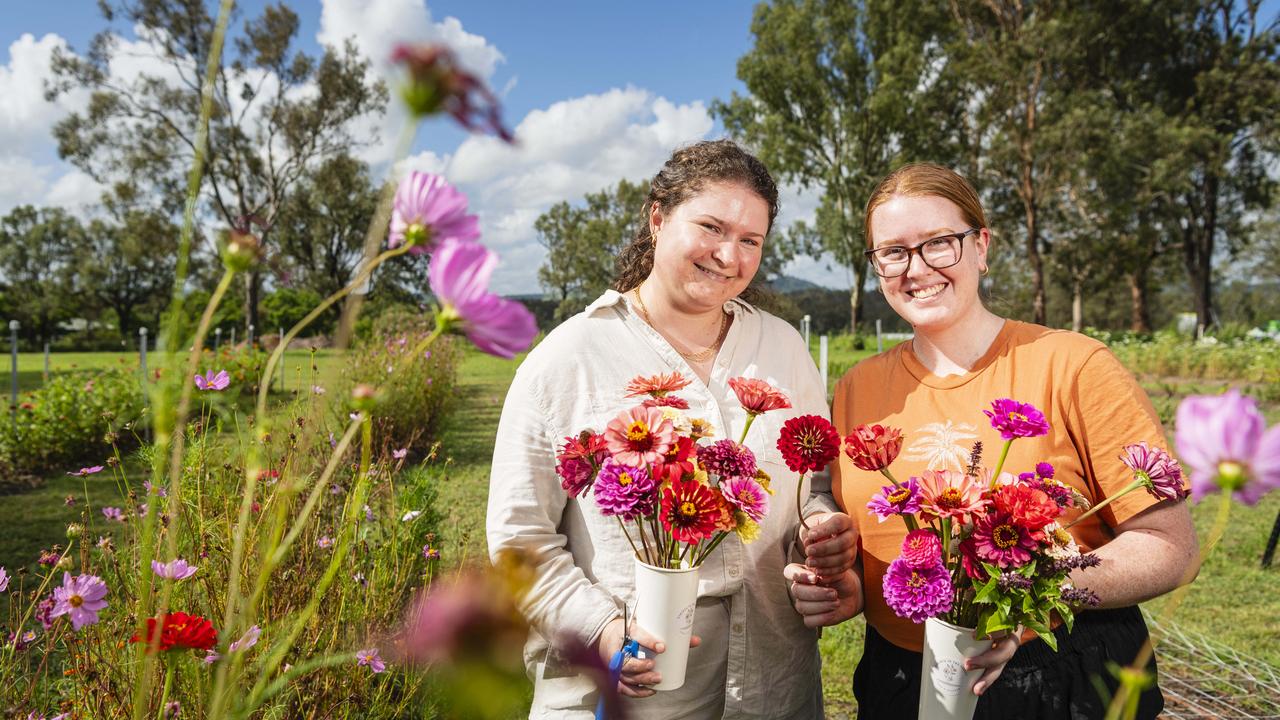 Cassie Rudd (left) and Rachel Hagger with their gorgeous flowers as Karinya in the Valley host a pick your own flower session, Saturday, January 4, 2025. Picture: Kevin Farmer