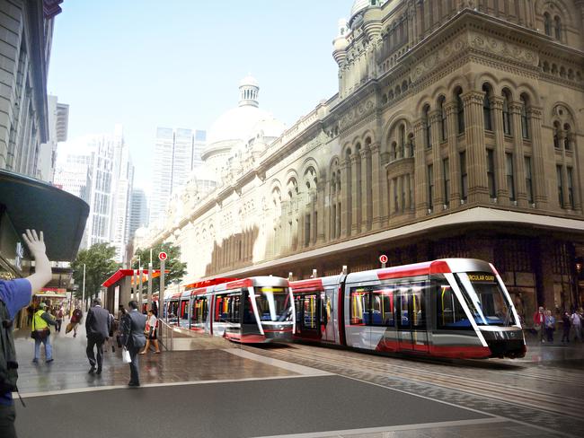 An artists impression of the light rail at the Queen Victoria Building in Sydney’s central business district. Picture: Transport for NSW