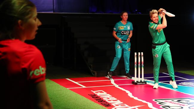 Elyse Villani of the Stars bats during a quick game of indoor cricket. Picture: Chris Hyde, Getty Images.