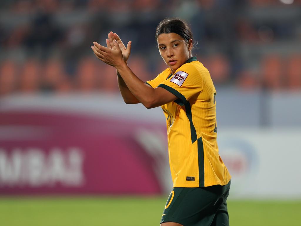 Sam Kerr applaud the effort of a teammate during Australia’s 2-1 win over Thailand. Picture: Thananuwat Srirasant/Getty Images