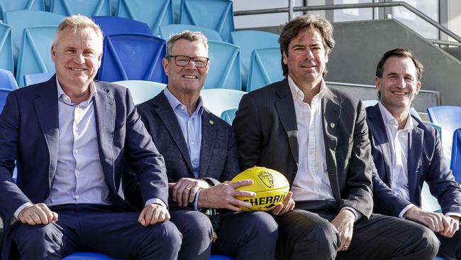 Premier Jeremy Rockliff, Tasmanian AFL Team Chairman Grant O'Brien, former AFL CEO Gillon McLachlan, AFL CEO Andrew Dillon at Dial Park, Penguin. Picture: Grant Viney