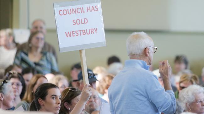 A Westbury resident speaks at the community meeting against the proposed prison. Picture: PATRICK GEE