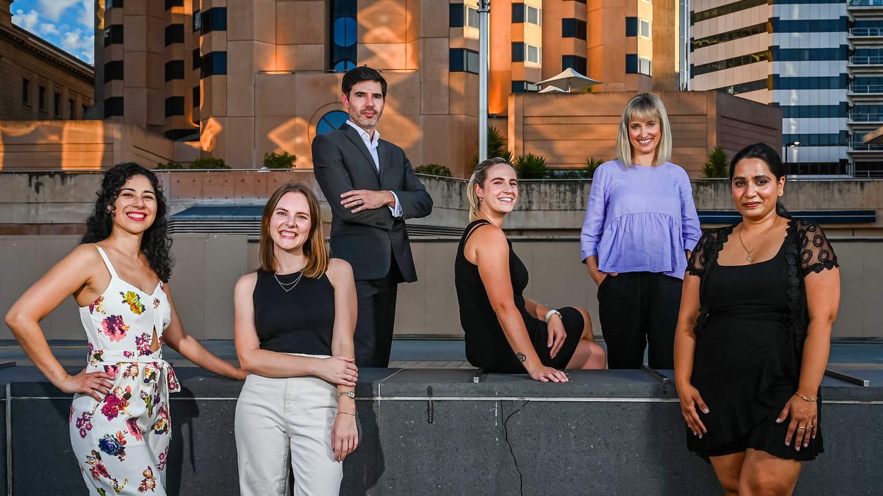 Six young professional migrants explain why they chose to make South Australia their home. (Left to right) Paula Mesa (Argentina), Francesca McMillan (USA), Yevgeniy Beylkin (UK), Nicola Stelfox (UK), Jess van Raay (Melbourne) and Kirti Verma (India). Picture: Naomi Jellicoe