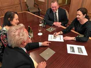 Queensland Trade and Investment Commissioner in Europe Linda Apelt, Rheinmetall's Armin Papperger and Ben Hudson with Premier Annastacia Palaszczuk in Berlin. Picture: Contributed