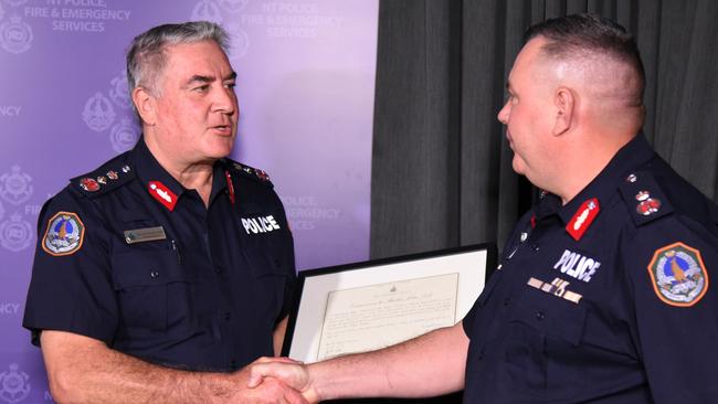 NT Police Commissioner Michael Murphy with newly appointed Deputy Commissioner Martin Dole, May 17, 2024. Picture: Alex Treacy