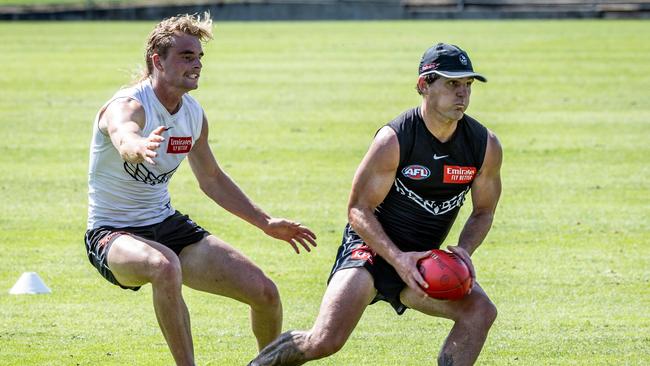 Star recruit Lachie Schultz at Collingwood training. Picture: Jake Nowakowski