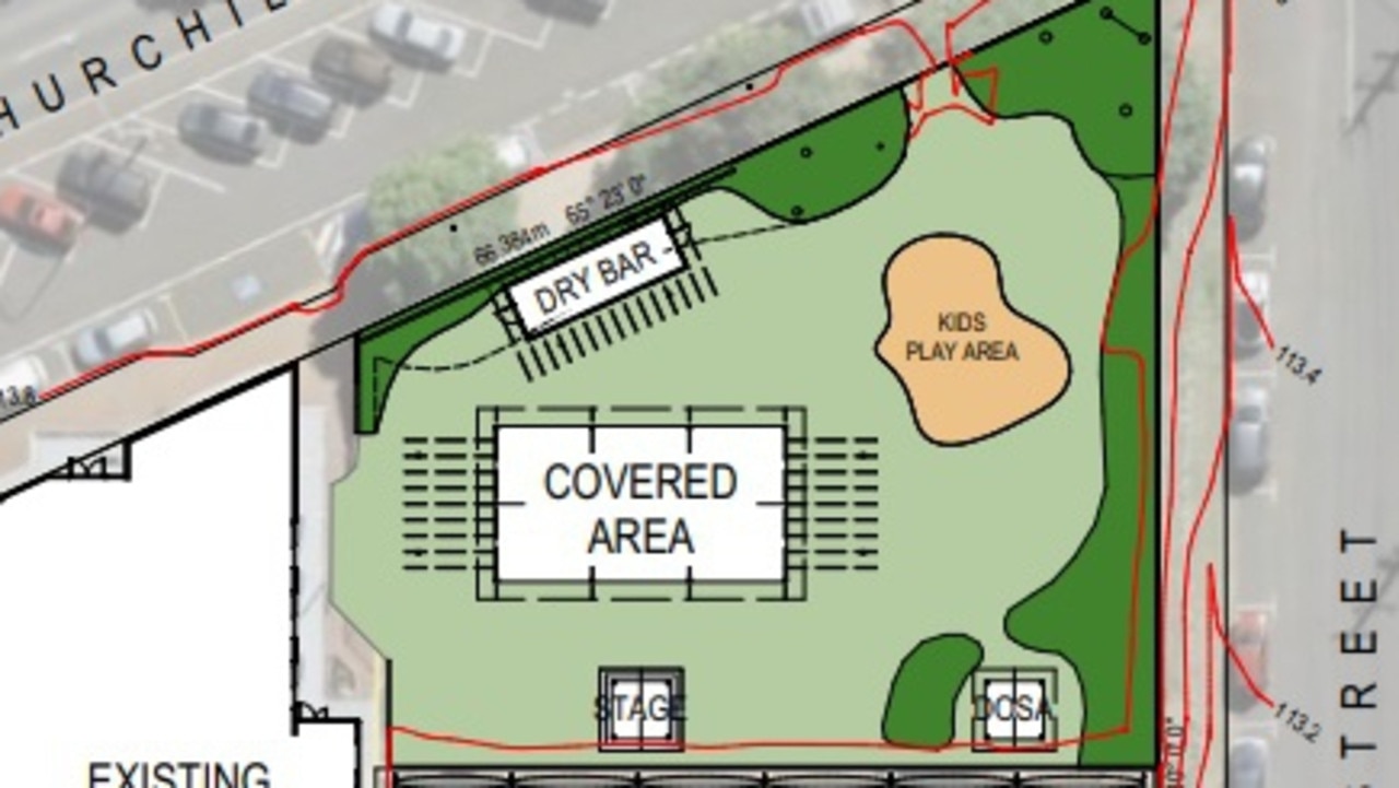 The proposal includes a covered stage area, outdoor bar and kitchen area, covered seating area and childrenâ€™s playground.
