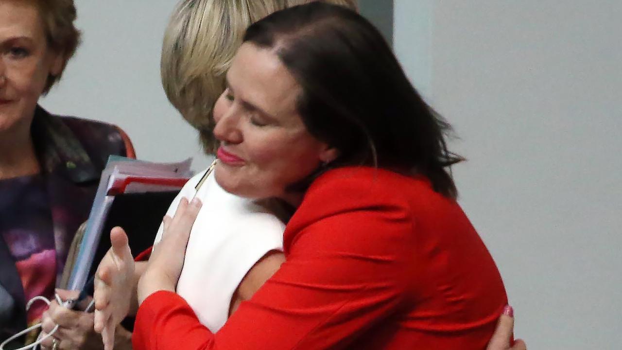 Julie Bishop hugging Kelly O’Dwyer after her speech. Both senior Liberal women are leaving at the election. Picture: Gary Ramage