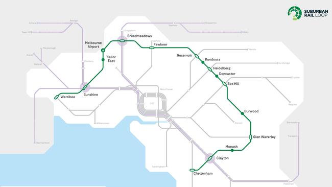 A map of the planned Suburban Rail Loop in Melbourne.