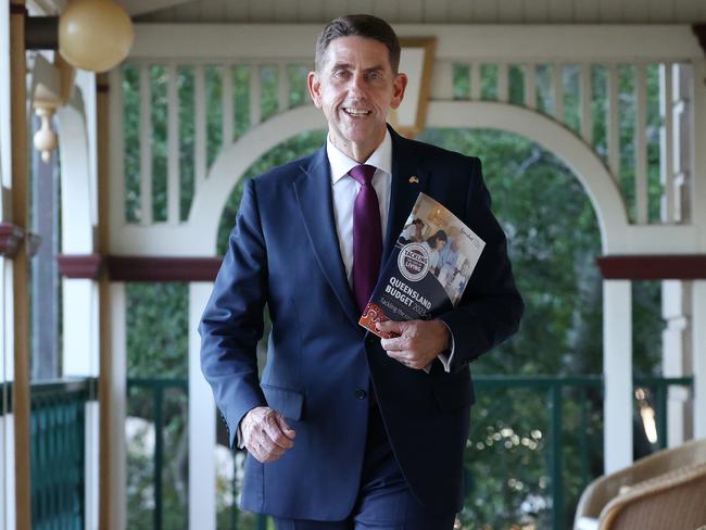 Treasurer Cameron Dick with his budget, announced Tuesday afternoon in Parliament House in Brisbane. Picture: Liam Kidston