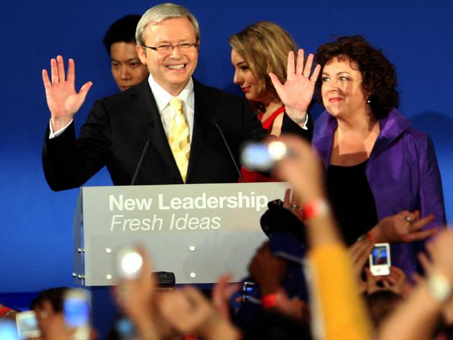 Prime Minister-elect Kevin Rudd with wife Therese Rein and family on Federal Election night, November 24, 2007.