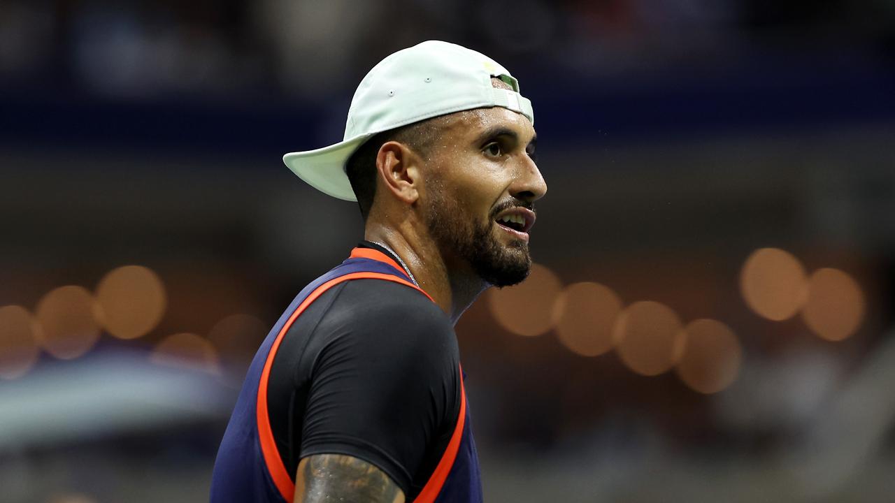 NEW YORK, NEW YORK - SEPTEMBER 04: Nick Kyrgios of Australia reacts against Daniil Medvedev of Russia during their Men's Singles Fourth Round match on Day Seven of the 2022 US Open at USTA Billie Jean King National Tennis Center on September 04, 2022 in the Flushing neighbourhood of the Queens borough of New York City. Julian Finney/Getty Images/AFP == FOR NEWSPAPERS, INTERNET, TELCOS &amp; TELEVISION USE ONLY ==