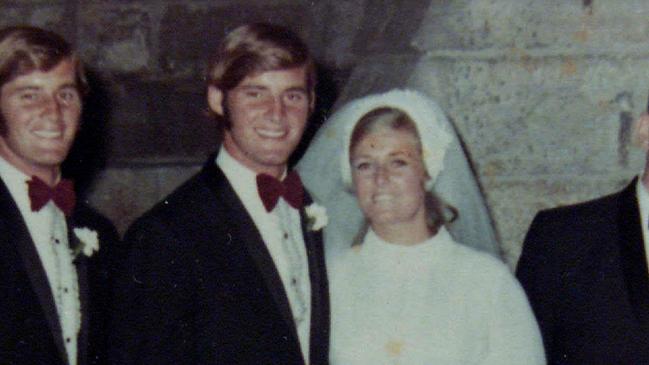 Chris Dawson &amp; wife Lynette with twin brother Paul as best man, on their wedding day in 1970.