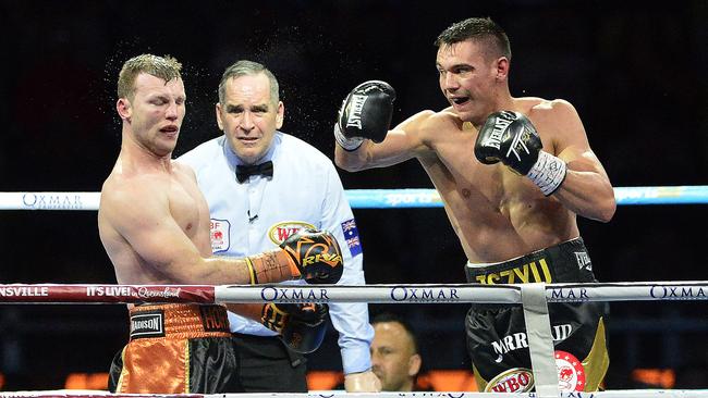 Tim Tszyu lands a clean shot to the head of Jeff Horn. Picture: Matt Taylor