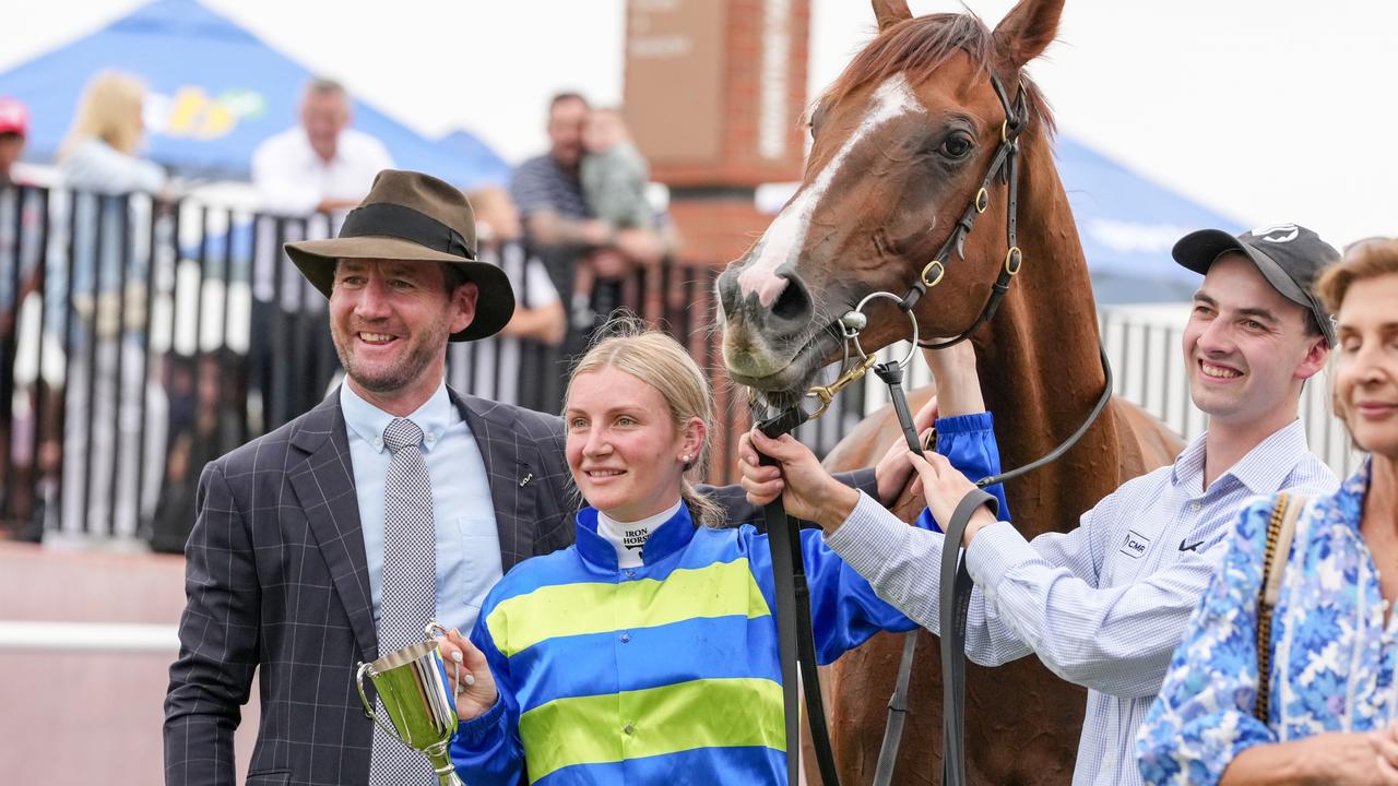 Jamie Melham with trainer Ciaron Maher and Another Wil after the win. Picture: George Sal/Racing Photos via Getty Images