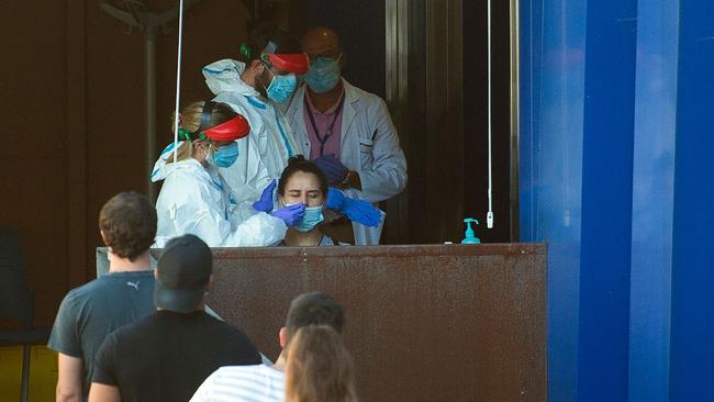 People queue to be tested at a temporary coronavirus testing centre in the Spanish Basque city of Gernika. Testing strategy should reflect the thousandfold difference in the risk of death between the young and the old. Picture: AFP