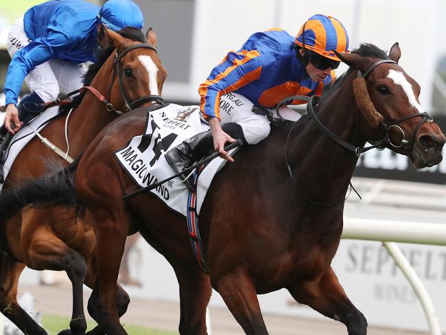 Races. Stakes Day at Flemington Racecourse. 09/11/2019.  Race 8. The Mackinnon Stakes over 2000 meters. .   Magic Wand ridden by Ryan Moore powers towards the finish post to win the Mackinnon Stakes    . Pic: Michael Klein