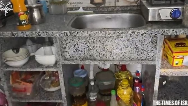 The well-stocked kitchen in the runnel where Yahya Sinwar hid with his family. Picture: IDF.