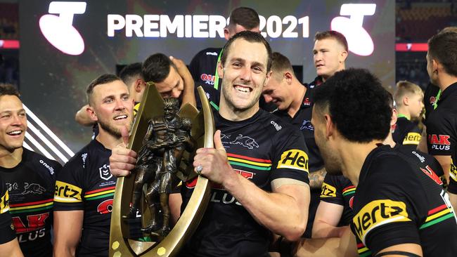 Isaah Yeo and the Panthers celebrate winning the 2021 NRL Grand Final between the Penrith Panthers