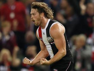 MELBOURNE, AUSTRALIA - MAY 05: Jack Steven of the Saints celebrates a goal during the 2017 AFL round 07 match between the St Kilda Saints and the GWS Giants at Etihad Stadium on May 05, 2017 in Melbourne, Australia. (Photo by Adam Trafford/AFL Media/Getty Images)