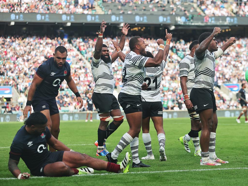 Fiji players celebrate their stunning victory over England last month. Picture: Getty