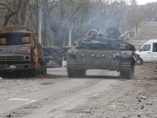 A tank of the DPR army moves on the road as Russian attacks continue in Mariupol. Picture: Leon Klein/Anadolu Agency via Getty Images