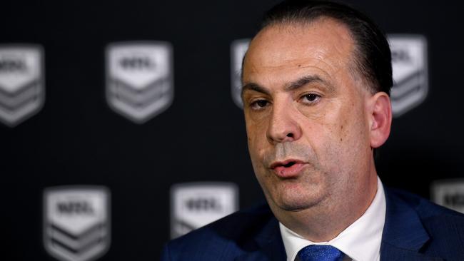 Australian Rugby League Commission Chairman Peter V'landys is seen during a press conference at Penrith Panthers Leagues Club in Penrith, NSW, Thursday, October 31, 2019. (AAP Image/Bianca De Marchi) NO ARCHIVING