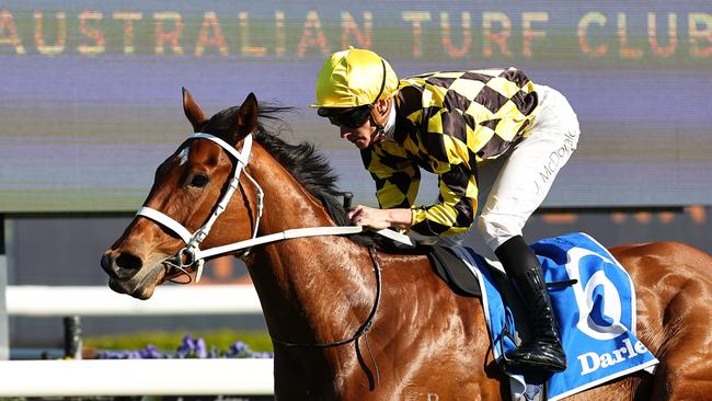 James McDonald rides Autumn Glow to victory in the Tea Rose Stakes at Randwick on September 21. Picture: Jeremy Ng / Getty Images