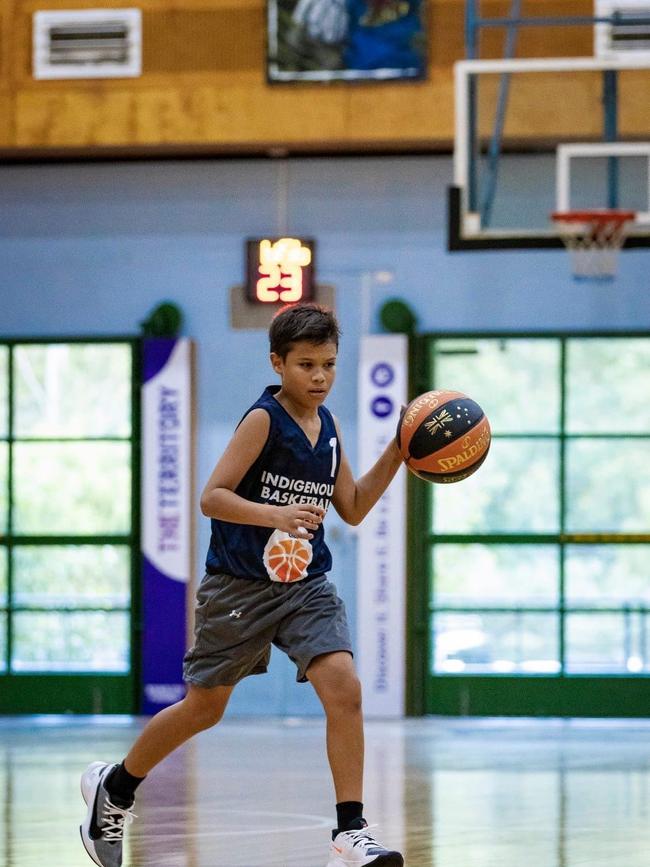 Eddie Gunderson showed his versatility by driving to the basket well and helping Damabila win the inaugural boys’ Indigenous Community Basketball League final at Marrara. Picture: Celina Whan