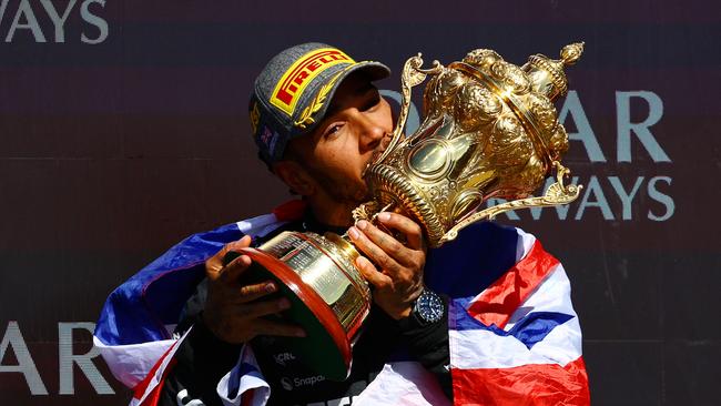 An emotional race win at Silverstone in 2024. His last race win for Mercedes and first race win in almost two years. Photo: Mark Thompson/Getty Images