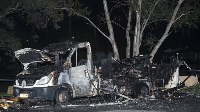 A body has been found inside a gutted and burnt out campervan in Sydney’s west. Police arrived to find the vehicle completely engulfed in flames. Picture: Bill Hearne