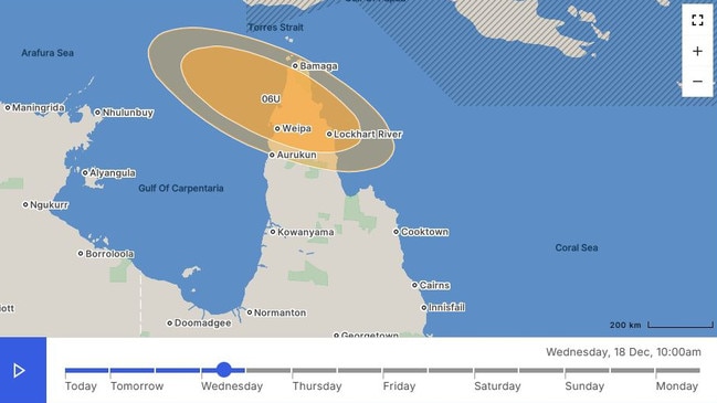 A tracking map for the potential development of Tropical Low 06U around Cape York later this week. December 16, 2024. Picture: Bureau of Meteorology