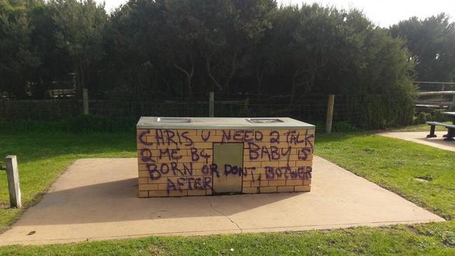 The purple graffiti on a public barbecue in Frankston.