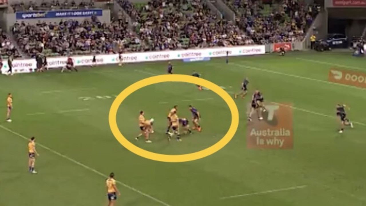 Parramatta set up for a Mitch Moses field-goal attempt. Picture: Fox Sports