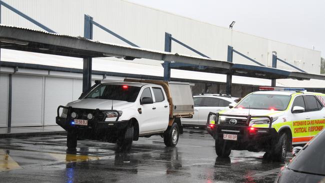 Police and ambulance vehicles outside Coles in Alice Springs after Tuesday’s death in custody. Picture: Gera Kazakov