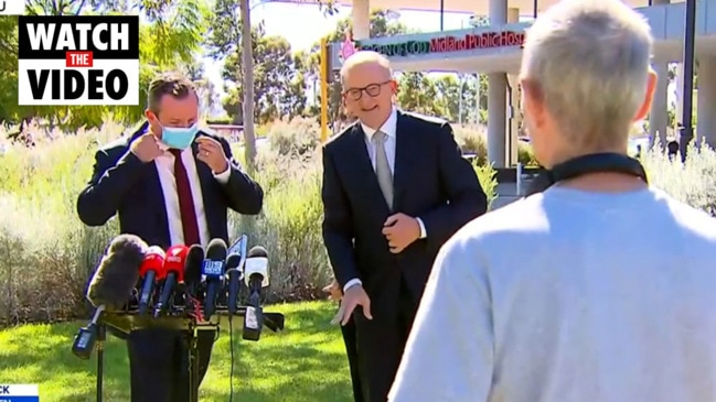 Press conference gatecrasher’s tough question for Anthony Albanese and Mark McGowan