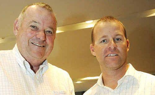 Ray Hick (left), president of the Low Chill Australia, and Mark Donnolly, business development officer for VP Structures Queensland, attending the National Low Chill Stonefruit Conference at the Ballina RSL Club yesterday. Picture: Doug Eaton