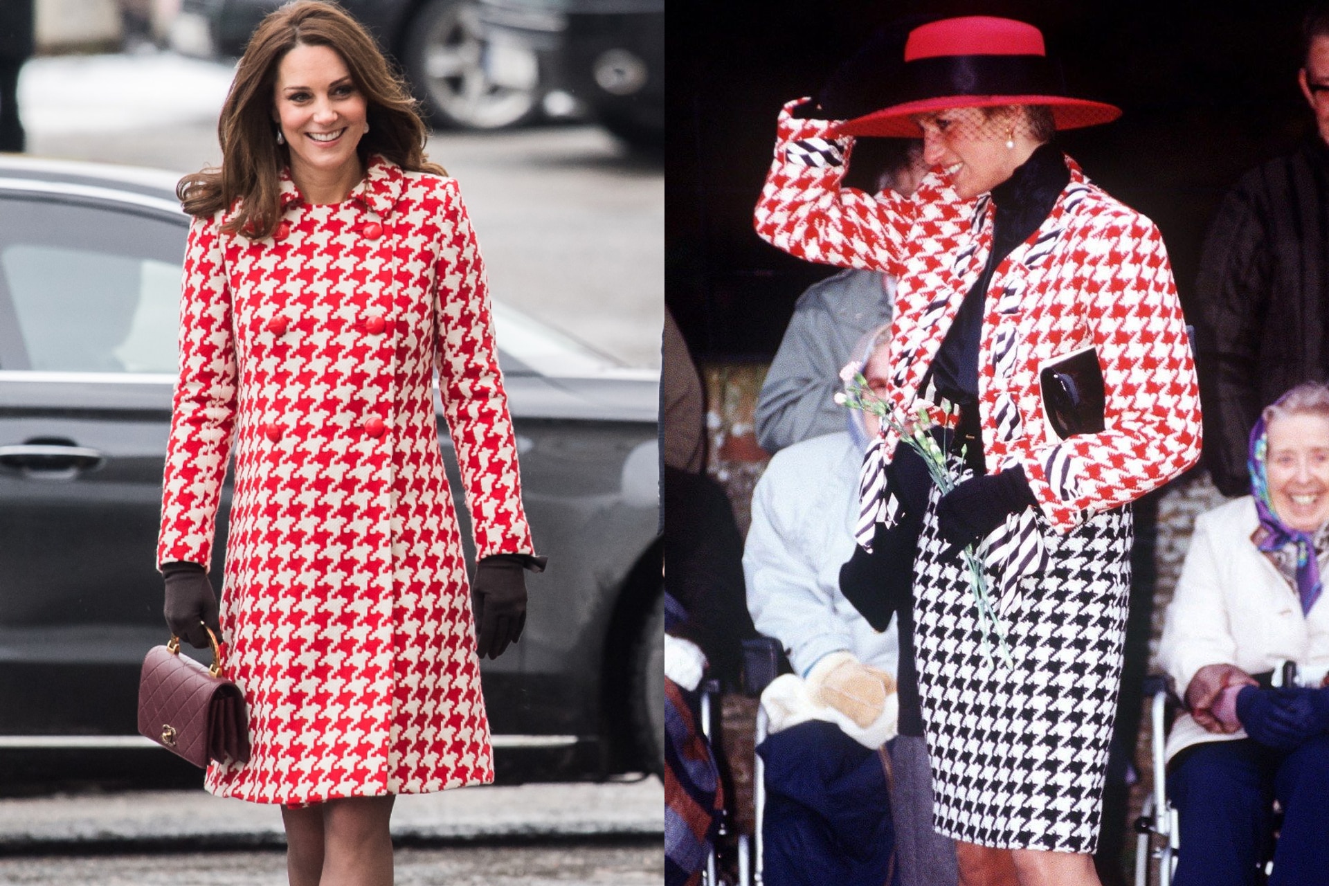 <h2>Princess Kate (2018) and Princess Diana (1991)</h2><p>During the second day of her royal tour of Sweden in 2018, the Duchess of Cambridge wore a houndstooth coat dress by Catherine Walker. Princess Diana herself also wore houndstooth from the British designer, specifically, a red suit in Canada in 1991.</p>