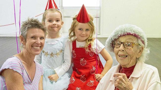 ON POINTE: Ballet teacher Leisel Fitzgerald and Feros Village Byron Bay resident Jilly Richardson (99) with preschoolers Silvy Gohra and Florence Giutronich. Picture: Contributed