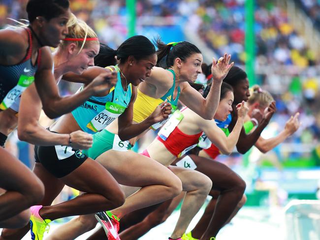 Australia's Michelle Jenneke at start in Round 1 of Women's 100m Hurdles during Athletics on Day 11 at the Rio 2016 Olympic Games. Picture: Phil Hillyard