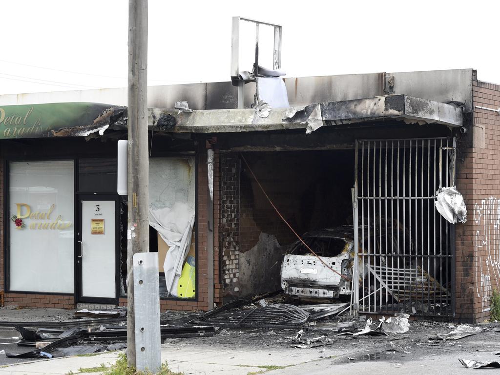 A tobacco shop on Cheviot Rd in Campbellfield lies in ruin after it was destroyed in an overnight attack in November. Picture: Andrew Henshaw