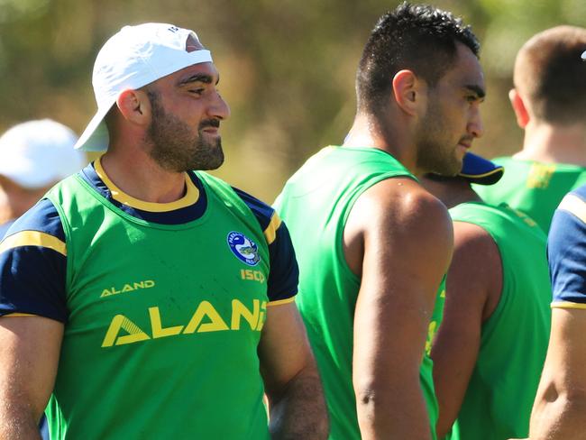 NRL  Eel Tim Mannah and team mates during Parramatta training at Old Saleyards Reserve, North Parramatta . Pic Jenny Evans